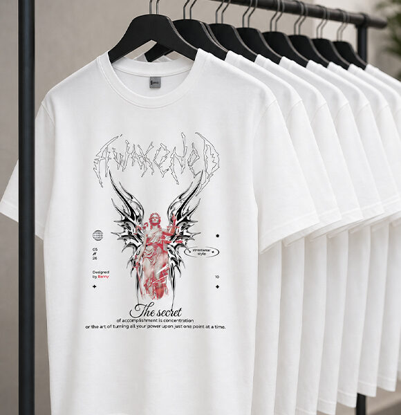 White Awakened gothic streetwear t-shirt on retail rack, Banny Design