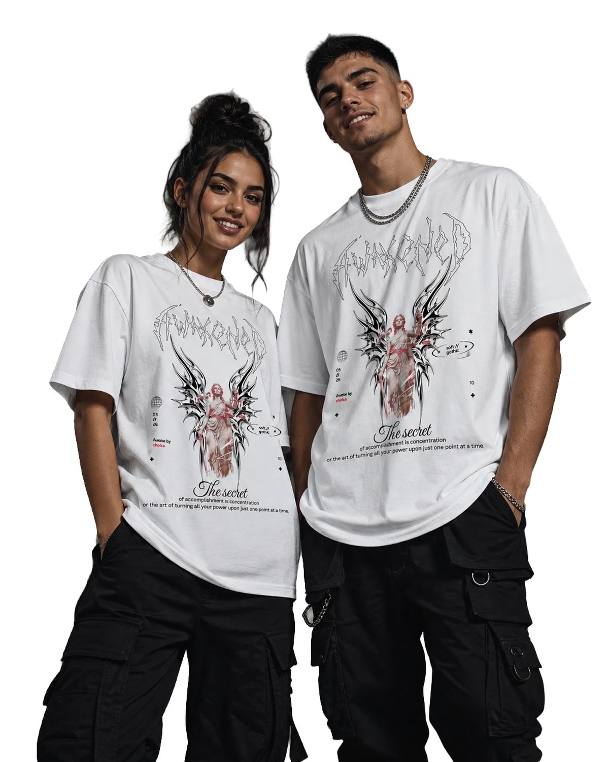 Woman and man wearing the white Awakened soft gothic t-shirt – Lady Justice with chrome wings