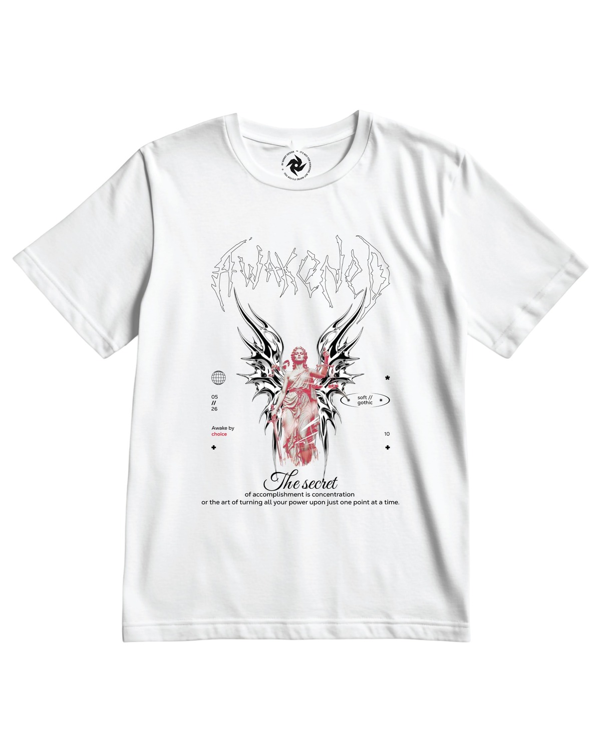Awakened soft gothic t-shirt flat lay – hand-lettered Awakened, Lady Justice, "Awake by choice"