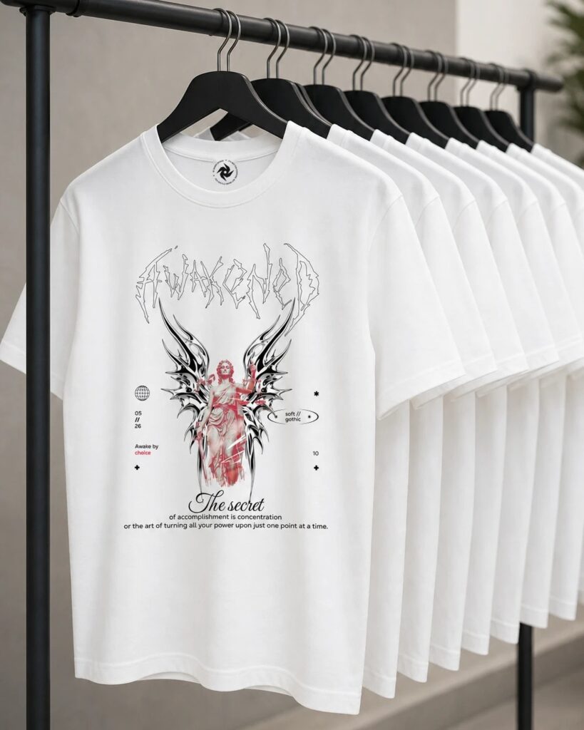 White Awakened soft gothic t-shirt on a clothing rack – Lady Justice with chrome wings, Banny Design